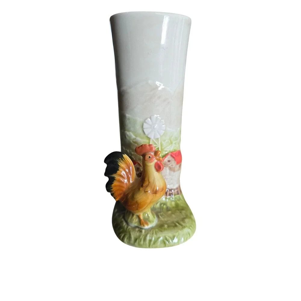 Vintage Otagiri  Bud Vase Farm Rooster  Embossed Farm Scene ‎ Japan 1982 Chicken